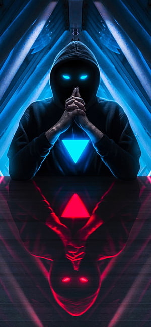 Mysterious Hooded Hacker with Glowing Blue Eyes and Neon Triangle Symbol HD phone wallpaper