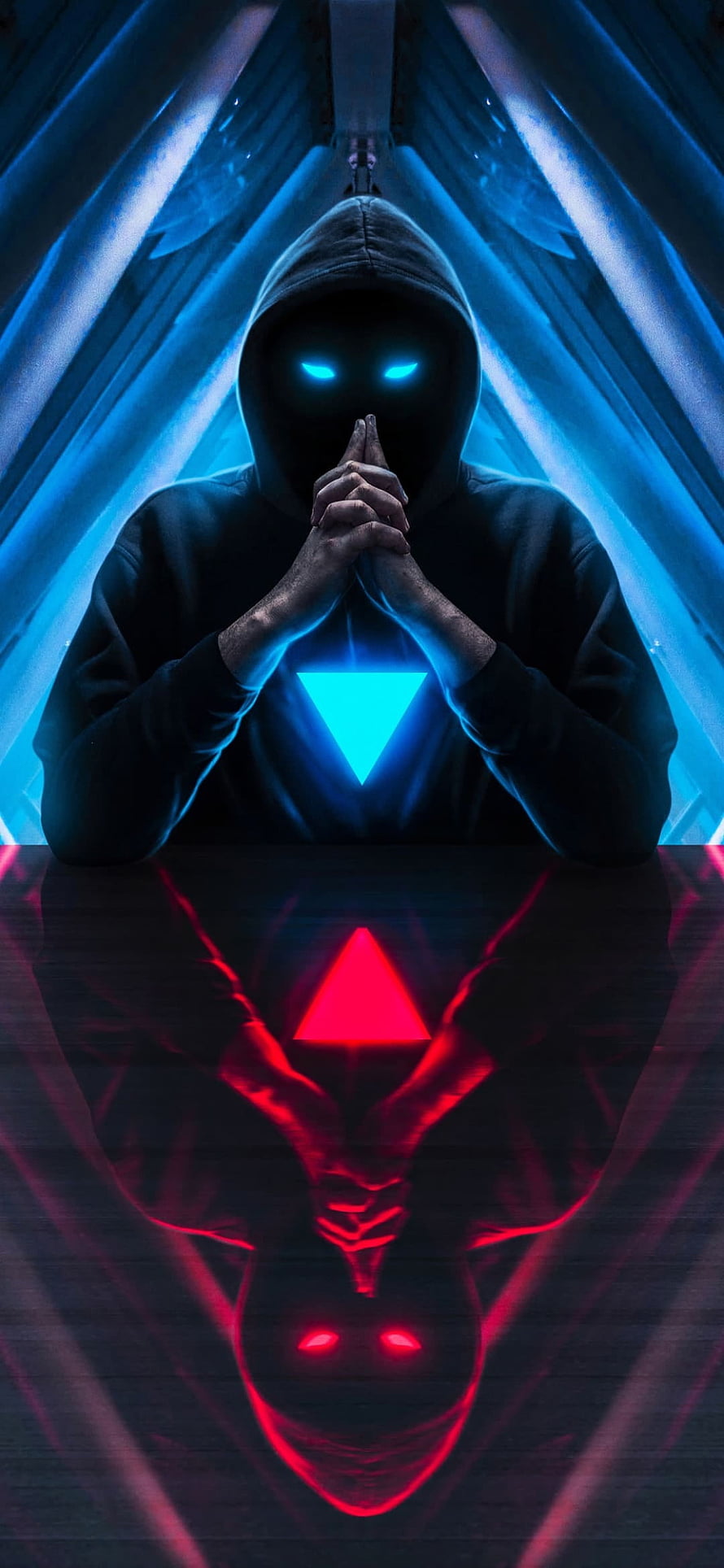 Mysterious Hooded Hacker with Glowing Blue Eyes and Neon Triangle Symbol HD phone wallpaper