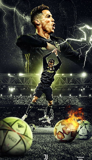 Cristiano Ronaldo Juventus Aerial Strike with Lightning and Fire Effects HD phone wallpaper
