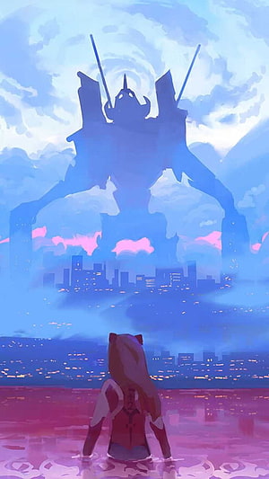 Asuka Langley Soryu gazing at a giant Evangelion unit towering over a neon city skyline HD phone wallpaper