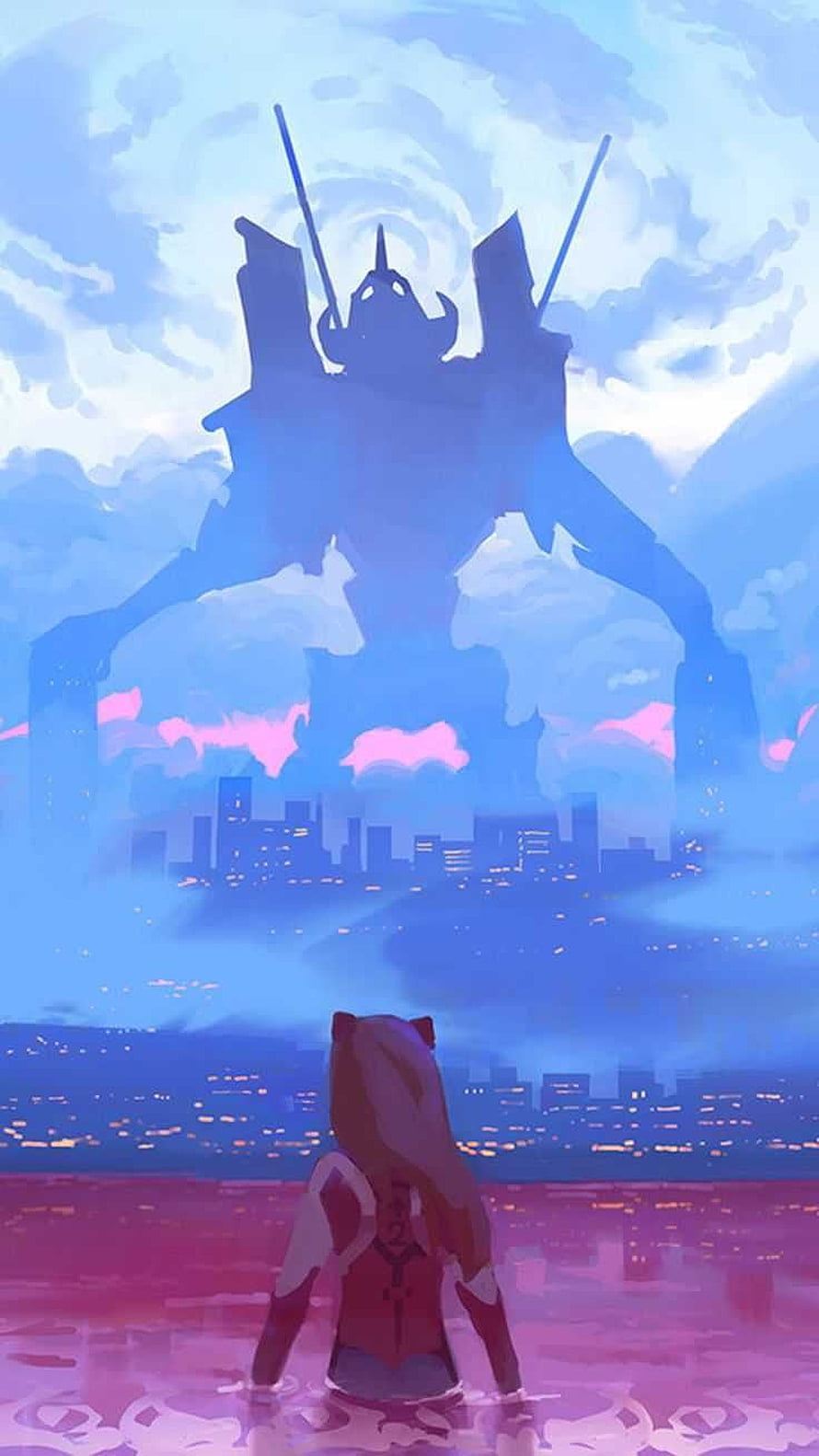 Asuka Langley Soryu gazing at a giant Evangelion unit towering over a neon city skyline HD phone wallpaper
