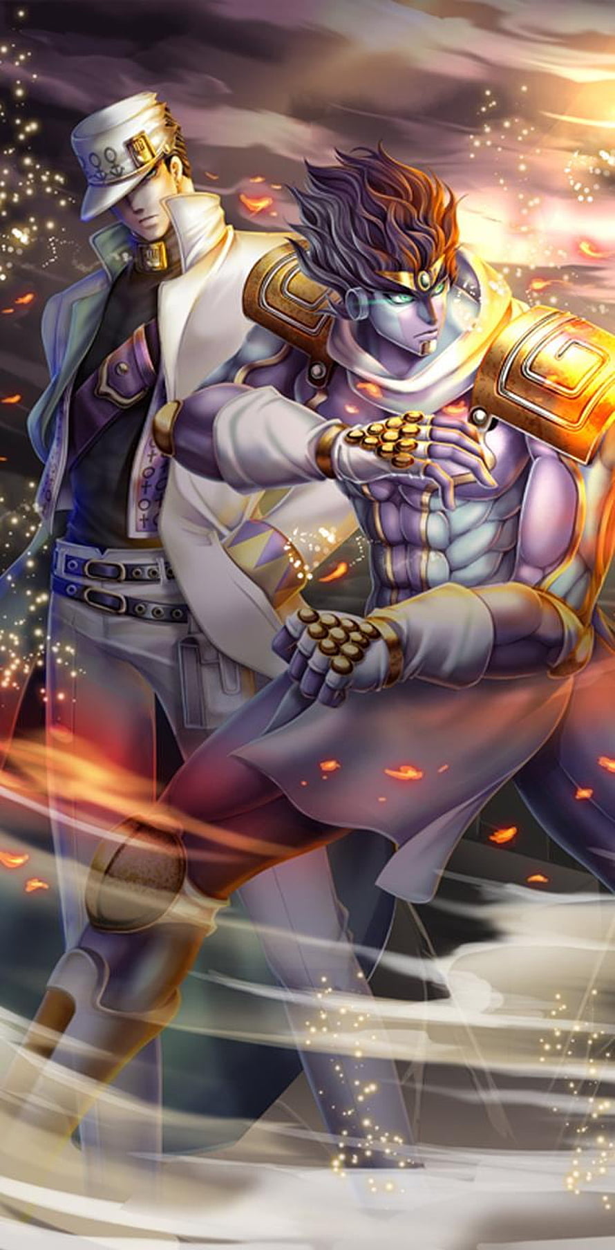 Jotaro Kujo and Star Platinum from JoJo's Bizarre Adventure in Dynamic Battle Pose HD phone wallpaper