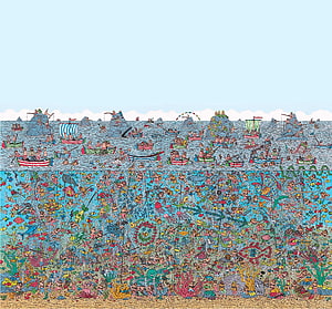 Where's Wally Mural Illustration Featuring Crowded Ocean and Underwater Scene HD wallpaper
