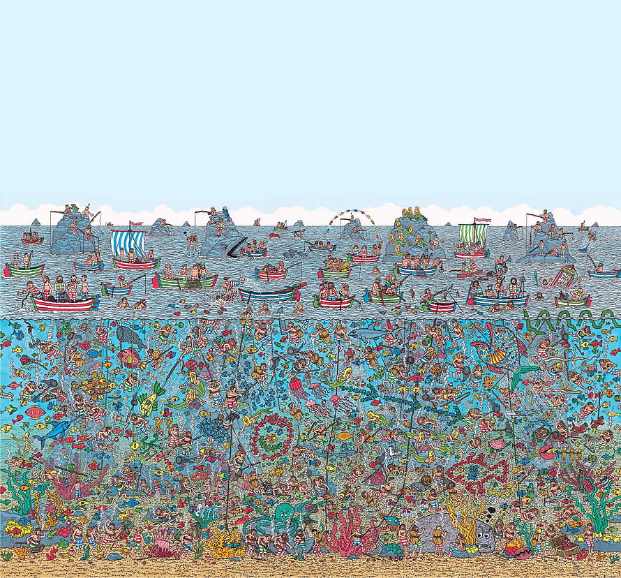 Where's Wally Mural Illustration Featuring Crowded Ocean and Underwater Scene HD wallpaper