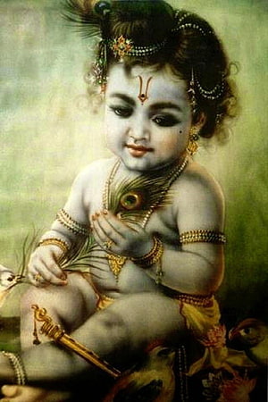 Baby Krishna Holding Peacock Feather in Traditional Indian Painting Style HD phone wallpaper
