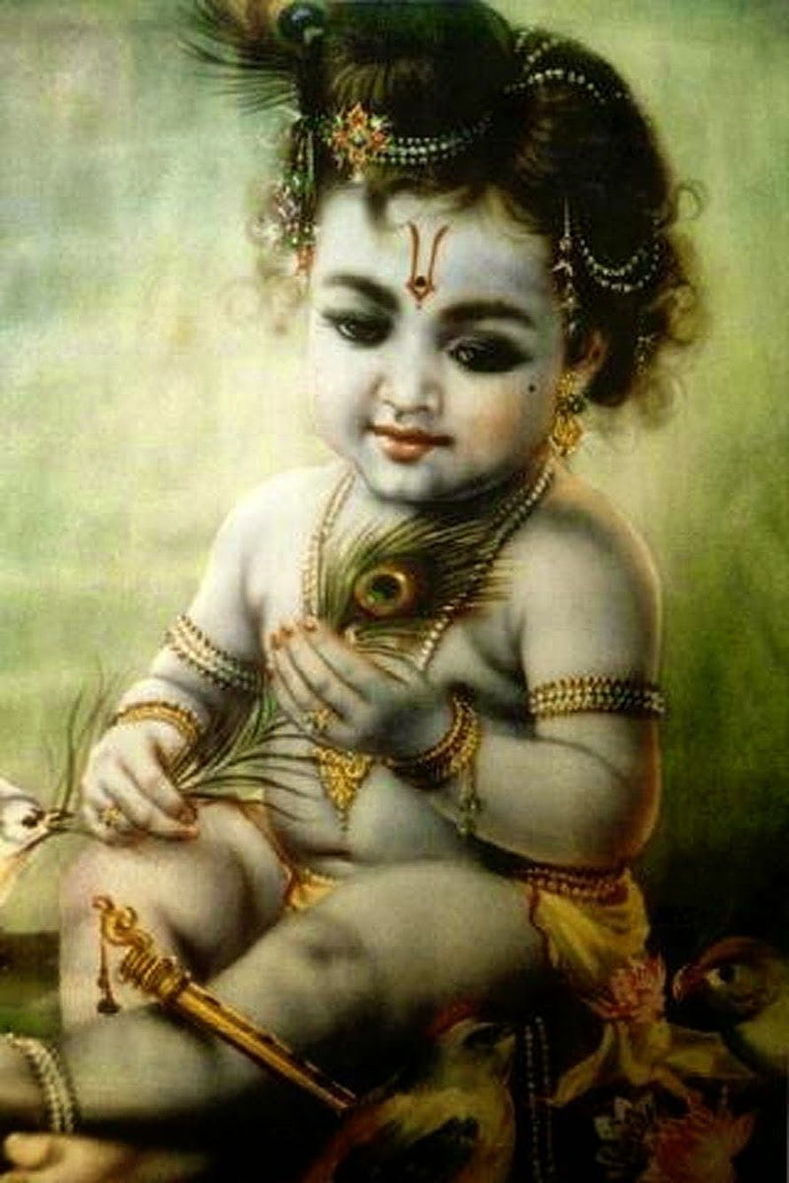 Baby Krishna Holding Peacock Feather in Traditional Indian Painting Style HD phone wallpaper