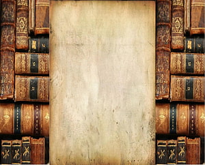 Vintage Antique Bookshelf Background With Aged Parchment Center Frame HD wallpaper