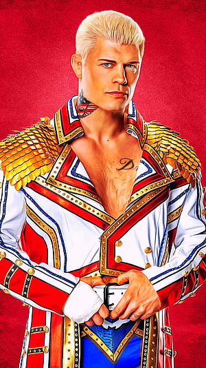 Cody Rhodes in ornate red and gold wrestling attire with platinum hair and visible tattoos HD phone wallpaper