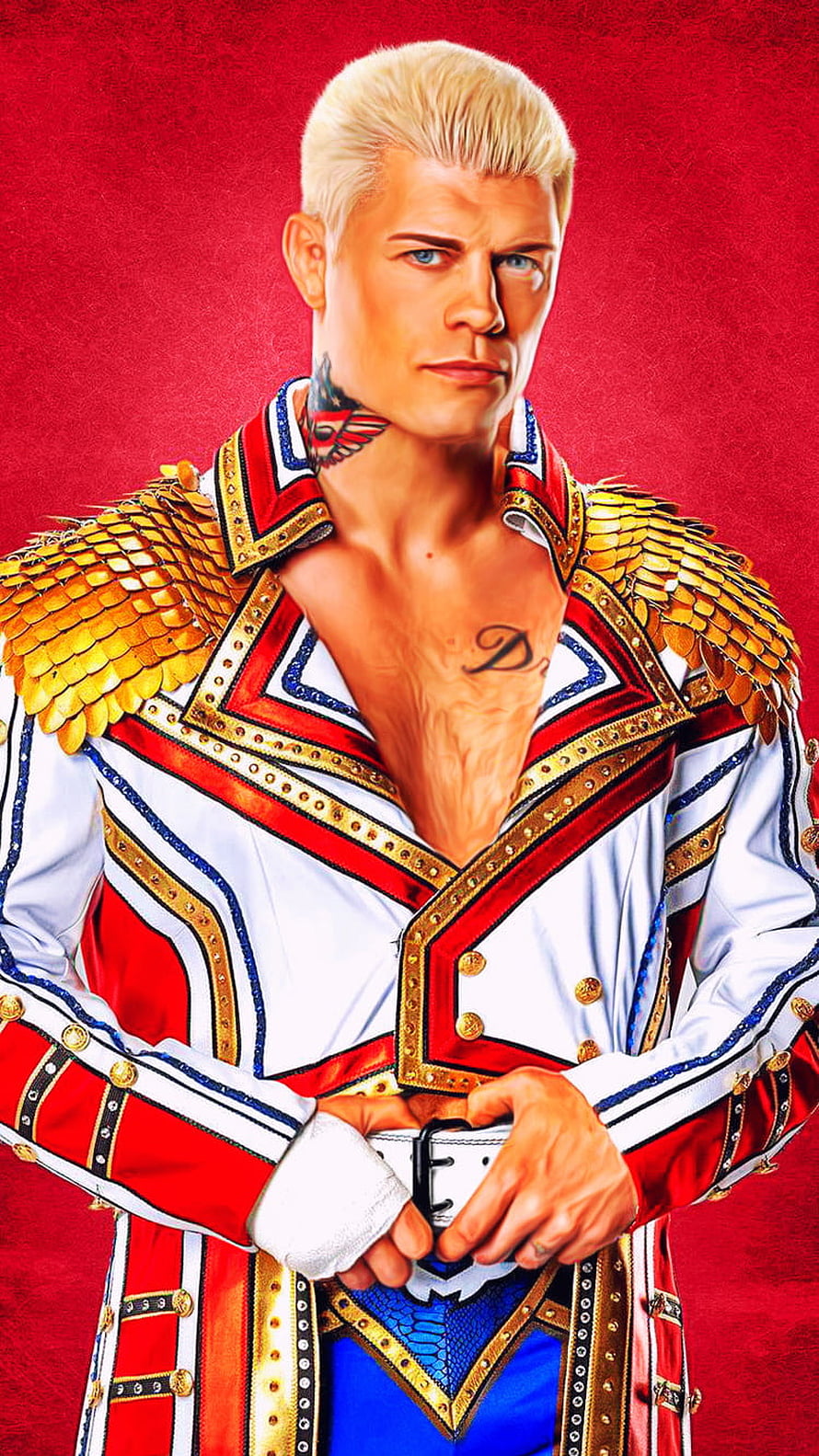 Cody Rhodes in ornate red and gold wrestling attire with platinum hair and visible tattoos HD phone wallpaper