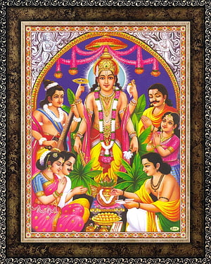 Satyanarayana Swamy Traditional Indian Temple Painting with Family and Offerings HD phone wallpaper