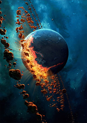 Dramatic Space Art of a Planet Colliding with a Stream of Glowing Asteroids in Deep Space HD phone wallpaper
