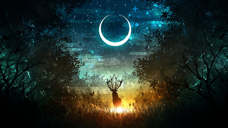 Mystical Forest Deer Silhouette Under Crescent Moon and Starry Night Sky HD wallpaper