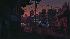 Pixel Art Cityscape at Dusk with Neon Skyline and Urban Street HD wallpaper