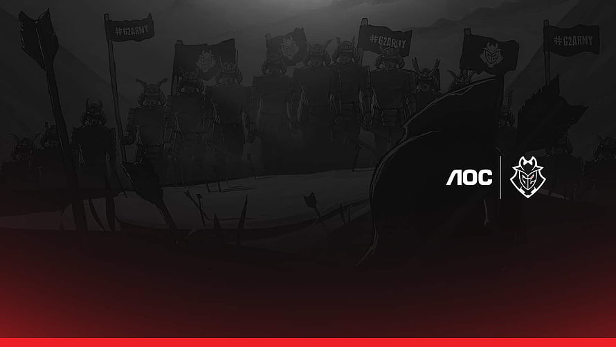 G2 Esports and AOC Partnership Featuring Samurai Warriors and Dark Red Gradient HD wallpaper