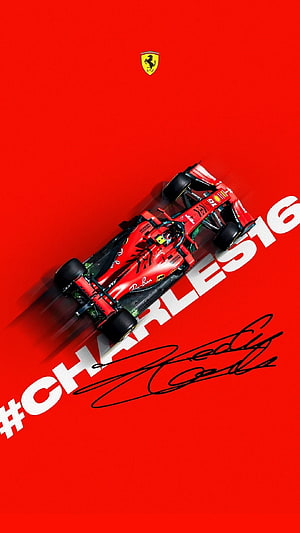 Charles Leclerc Ferrari F1 Racing Car on Red Background with Signature HD phone wallpaper