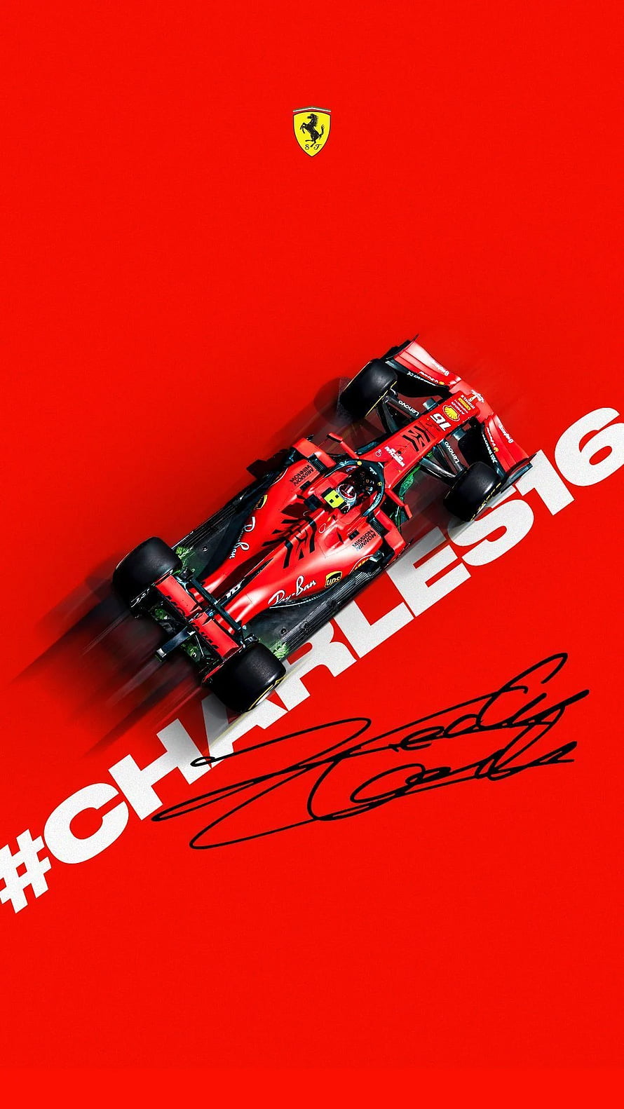 Charles Leclerc Ferrari F1 Racing Car on Red Background with Signature HD phone wallpaper