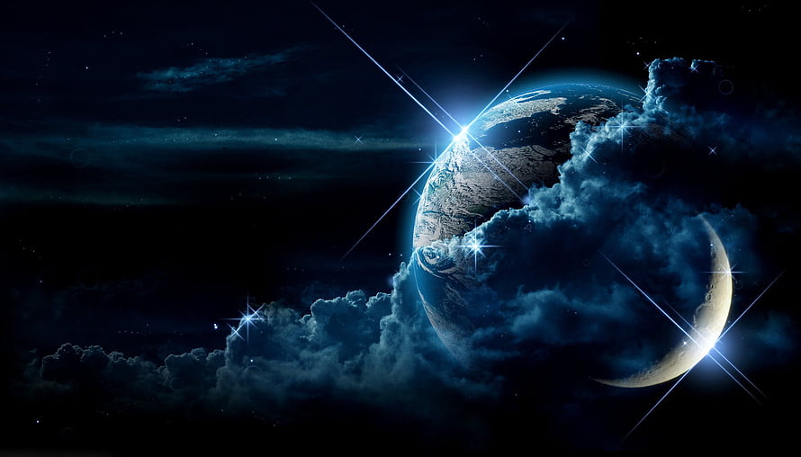 Luminous Planet and Crescent Moon Emerging from Dramatic Night Clouds HD wallpaper