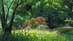 Studio Ghibli Style Garden Scene With Stone Lantern And Blooming Azaleas HD wallpaper