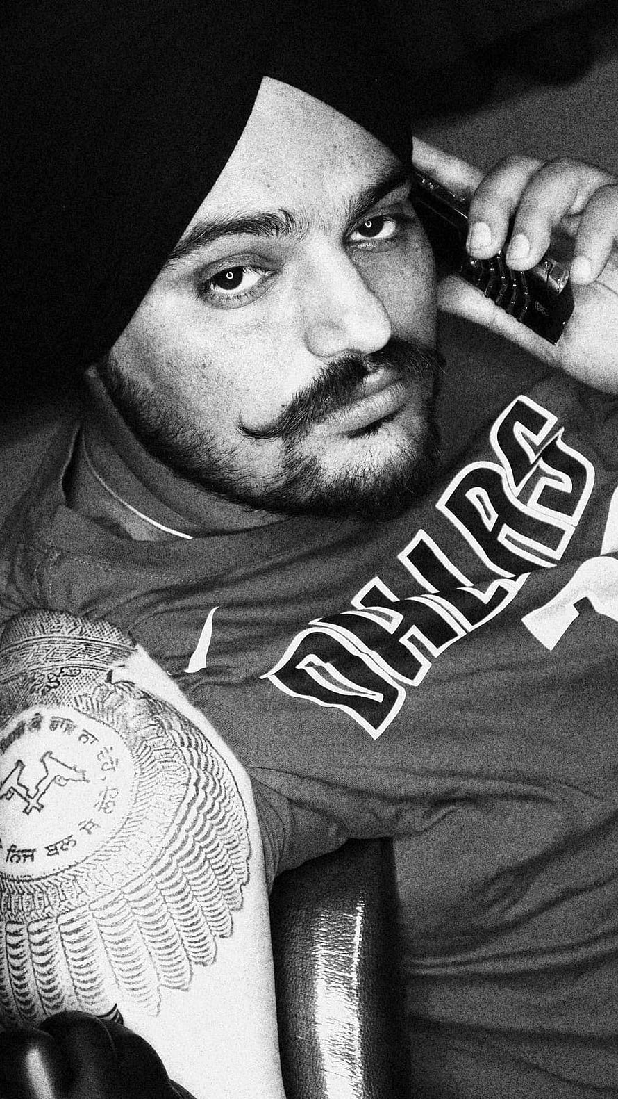 Sidhu Moose Wala Black and White Portrait with Turban and Arm Tattoo HD phone wallpaper