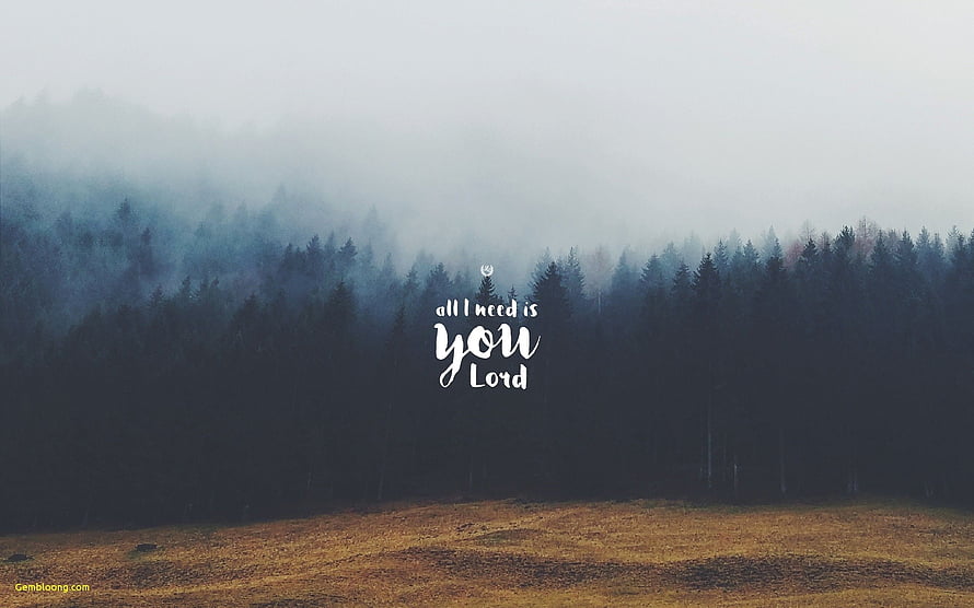 Misty Pine Forest Landscape with Inspirational Christian Quote HD wallpaper