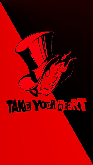 Persona 5 Take Your Heart Logo with Top Hat and Flame Design on Red and Black Background HD phone wallpaper