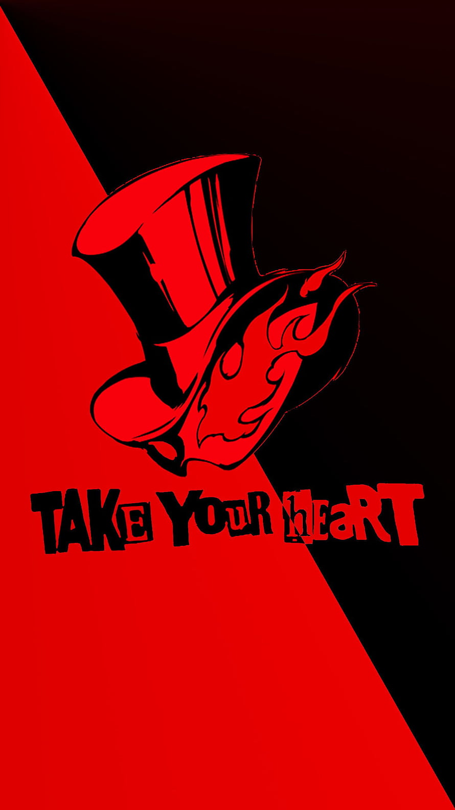 Persona 5 Take Your Heart Logo with Top Hat and Flame Design on Red and Black Background HD phone wallpaper