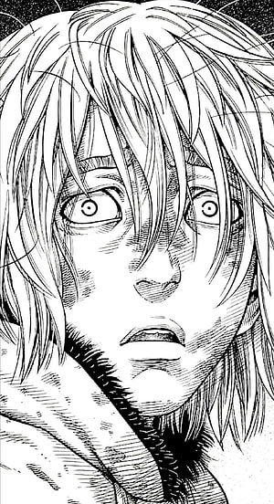 Vinland Saga Manga Panel: Close-Up of a Character's Shocked Expression in Black and White Ink HD phone wallpaper