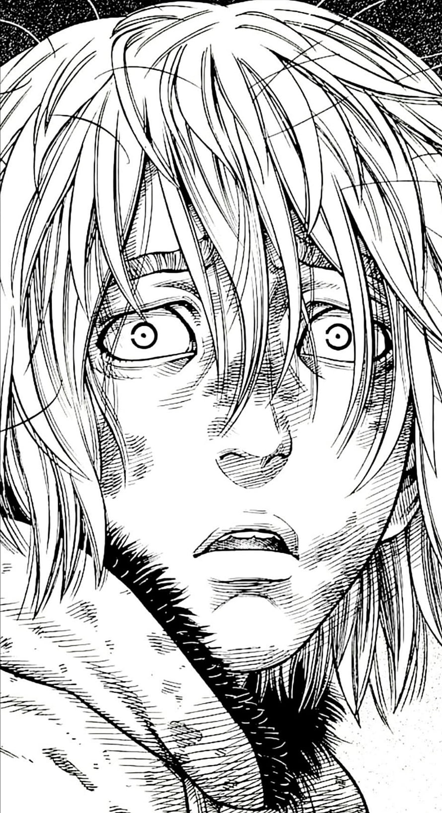 Vinland Saga Manga Panel: Close-Up of a Character's Shocked Expression in Black and White Ink HD phone wallpaper