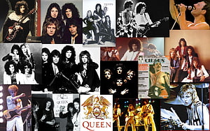 Queen Band Rock Music Collage with Classic Album Covers and Live Performance Photos HD wallpaper
