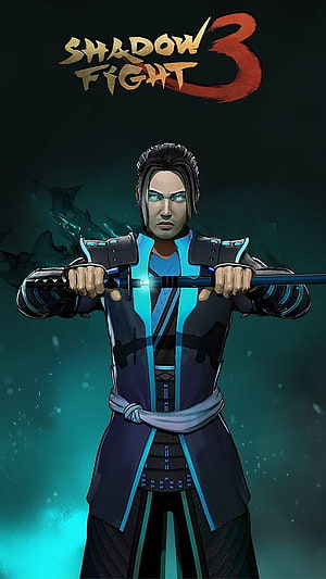 Shadow Fight 3 Warrior Character Art with Glowing Blue Eyes and Katana HD phone wallpaper