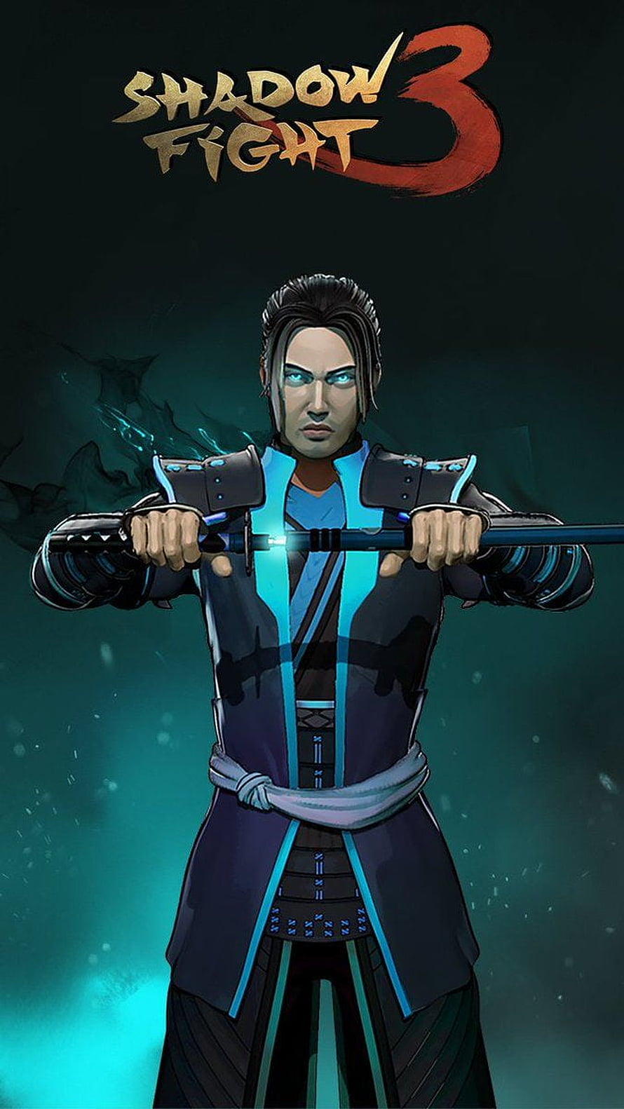 Shadow Fight 3 Warrior Character Art with Glowing Blue Eyes and Katana HD phone wallpaper