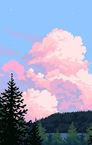 Pixel Art Forest Landscape with Pink Clouds and Blue Sky HD phone wallpaper