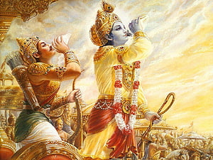 Krishna and Arjuna on the Battlefield of Kurukshetra in Divine Golden Light HD wallpaper