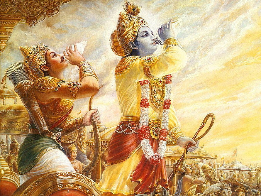 Krishna and Arjuna on the Battlefield of Kurukshetra in Divine Golden Light HD wallpaper