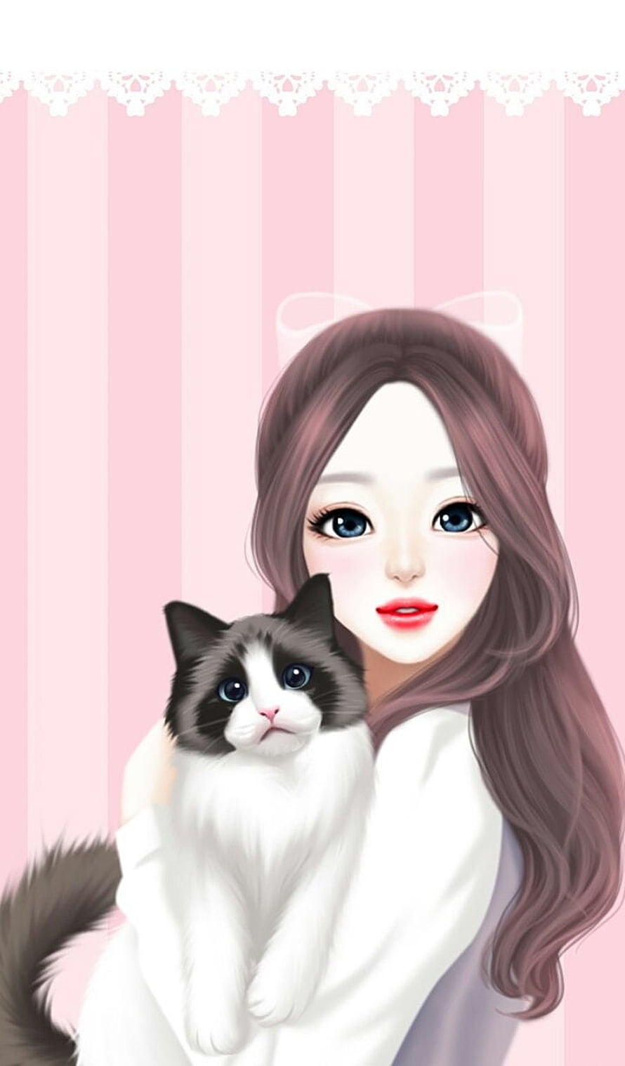 Cute Anime Girl Holding A Fluffy Ragdoll Cat In A Pastel Pink Room HD phone wallpaper