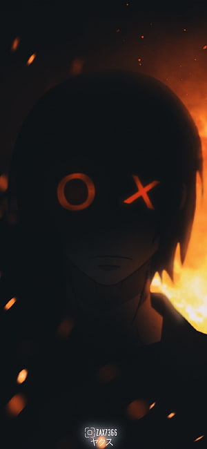Benimaru Shinmon from Fire Force with glowing O and X eyes in dark flames HD phone wallpaper