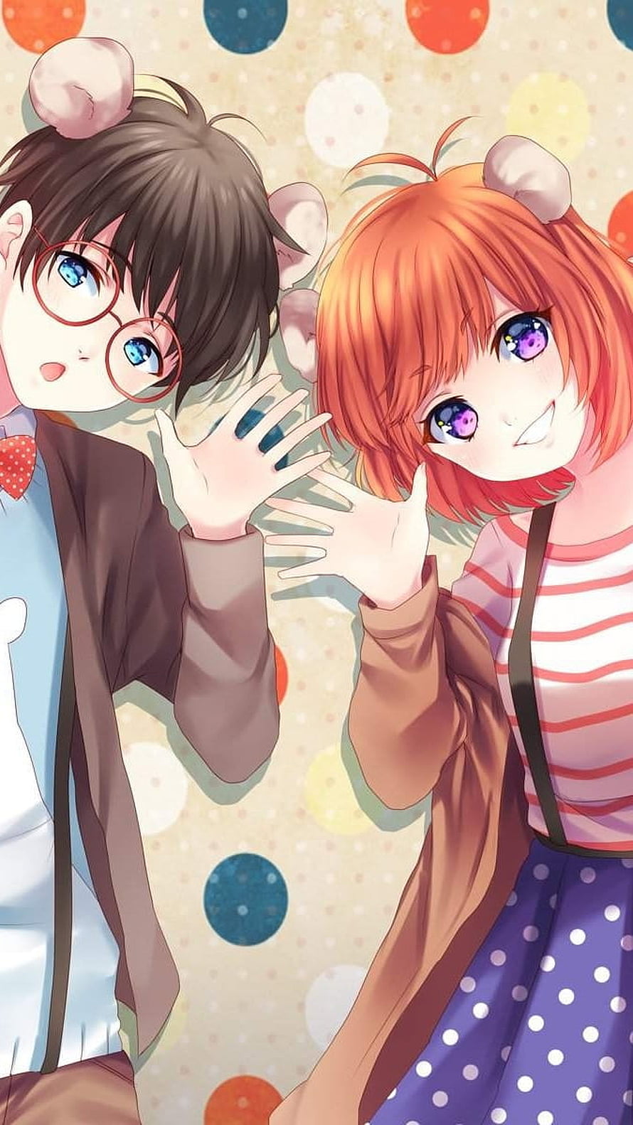 Cute Anime Couple Wearing Bear Ears Pressing Hands Against Glass HD phone wallpaper