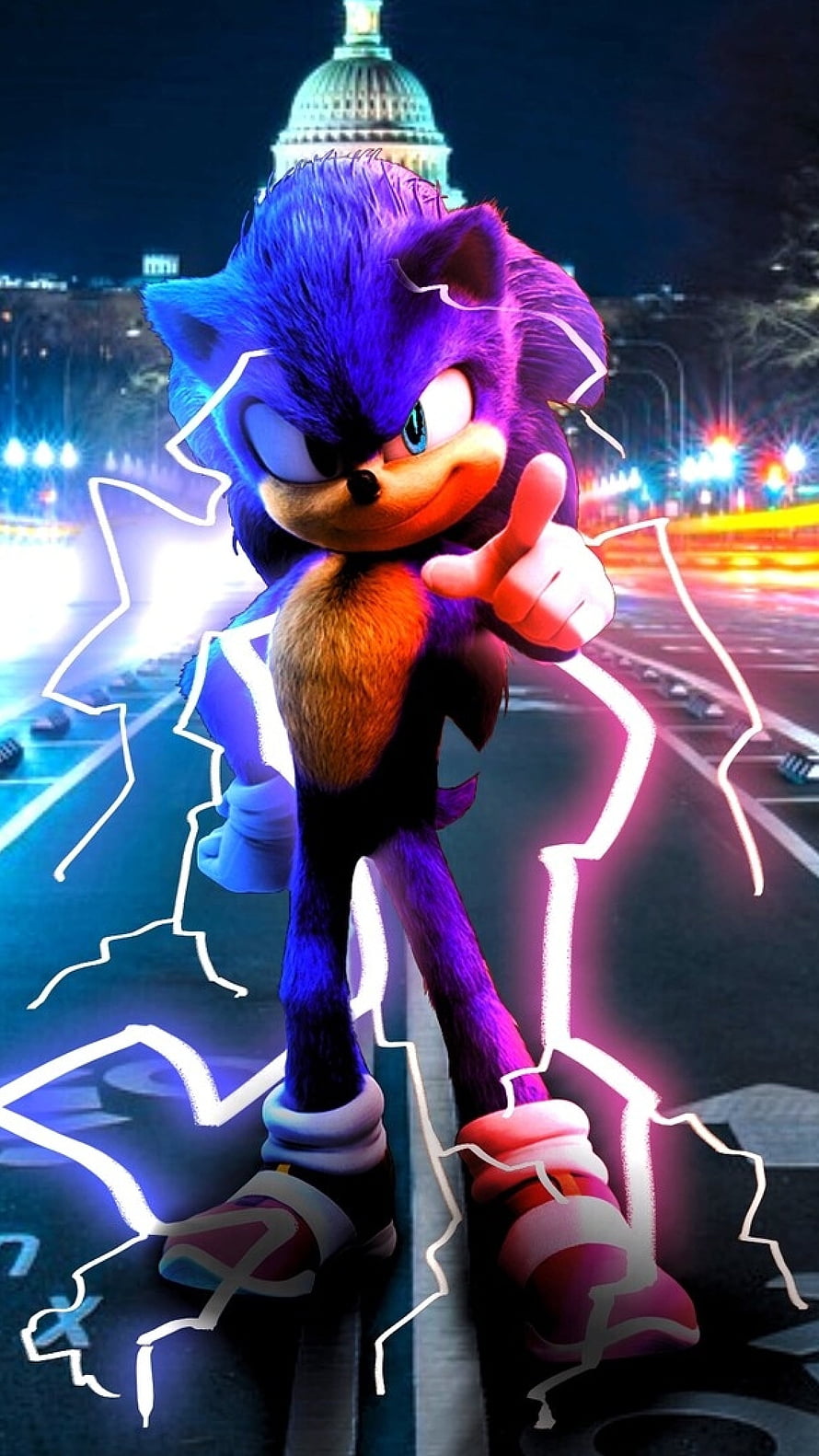 Sonic The Hedgehog Pointing Forward With Electric Energy Outlines On A Nighttime City Street HD phone wallpaper