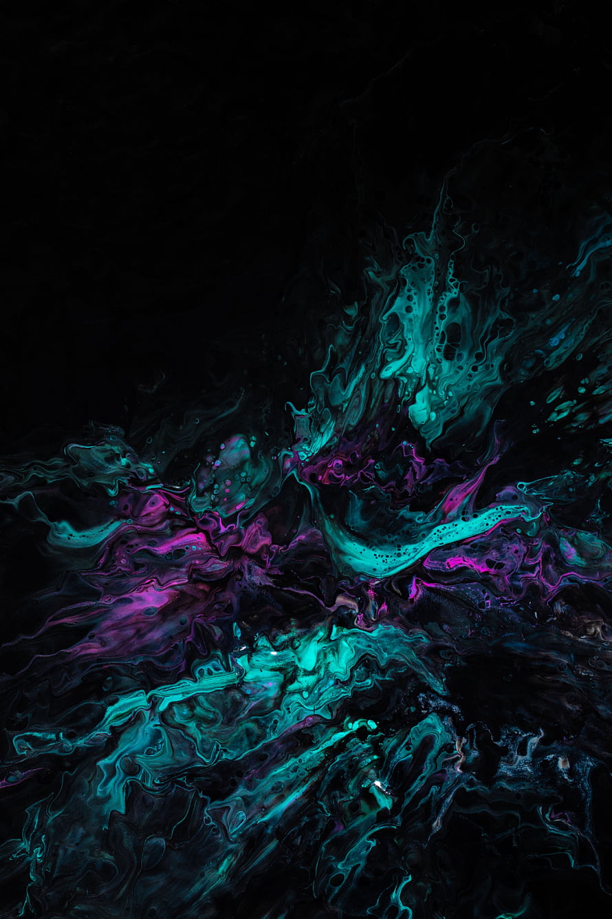 Dark Abstract Fluid Art With Neon Teal And Magenta Ink Swirls On Black Background HD phone wallpaper