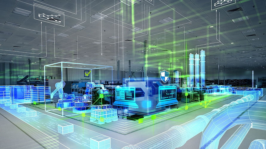 Smart Factory Digital Twin Visualization with Holographic Industrial Automation Interface HD wallpaper