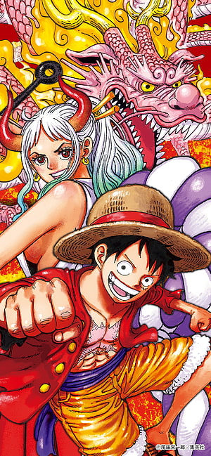 One Piece Manga Cover Art Featuring Luffy and Big Mom with Dragon Motif HD phone wallpaper