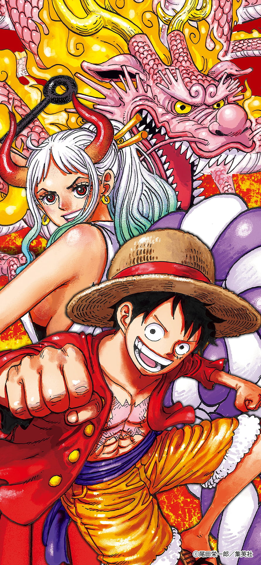 One Piece Manga Cover Art Featuring Luffy and Big Mom with Dragon Motif HD phone wallpaper