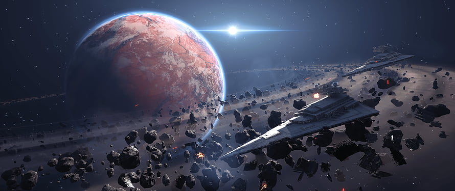 Star Wars Imperial Star Destroyers Navigating Asteroid Field Near Red Planet HD wallpaper