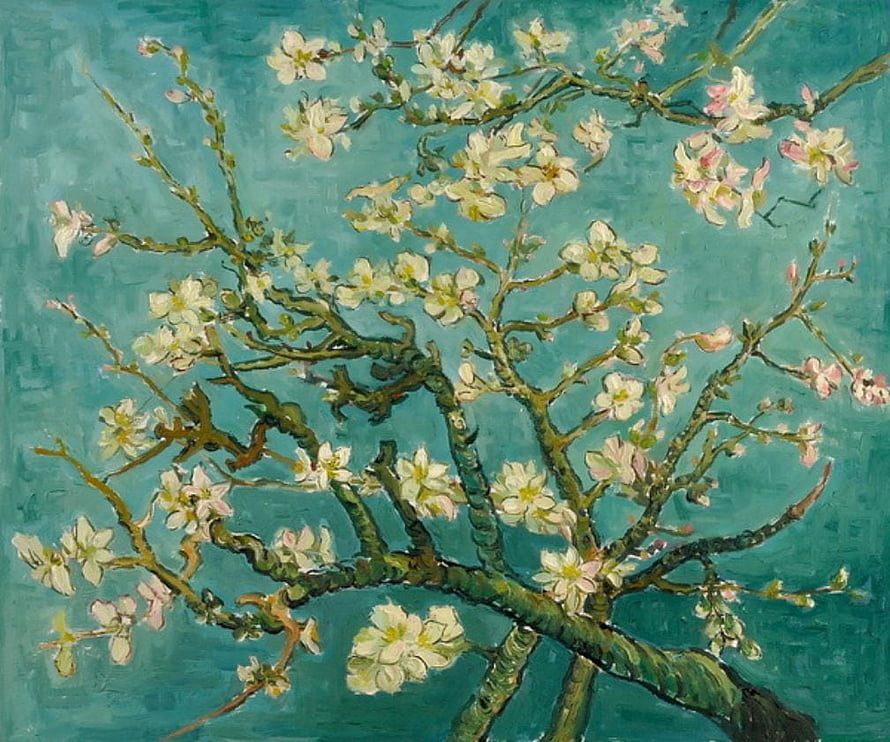 Vincent Van Gogh Almond Blossom Oil Painting with Turquoise Background HD wallpaper