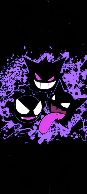 Gengar Haunter and Gastly Ghost Type Pokemon Silhouettes with Purple Ink Splatter on Black Background HD phone wallpaper