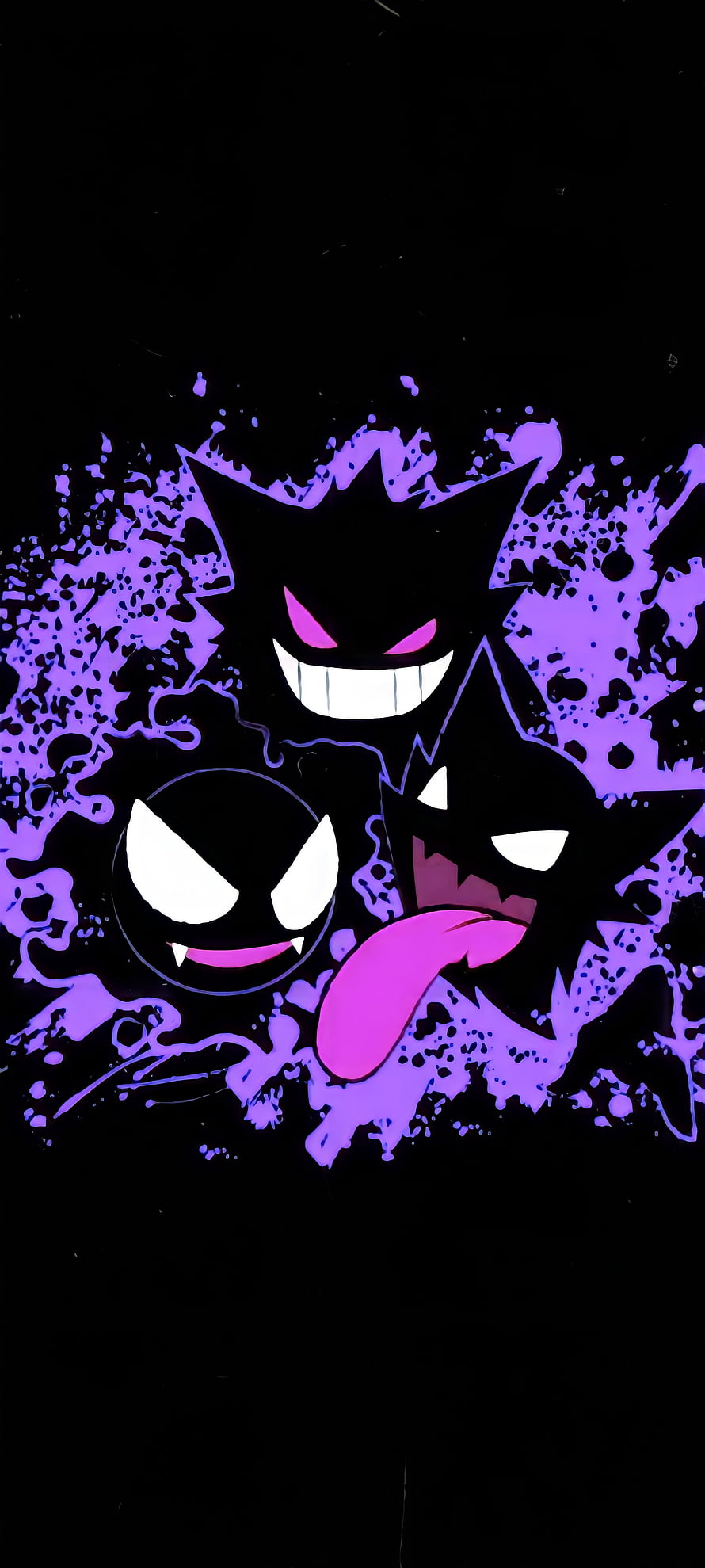 Gengar Haunter and Gastly Ghost Type Pokemon Silhouettes with Purple Ink Splatter on Black Background HD phone wallpaper