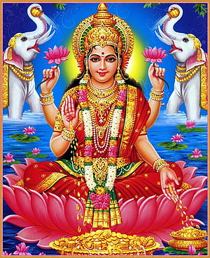 Goddess Lakshmi Seated on Lotus with Elephants and Gold Coins HD phone wallpaper