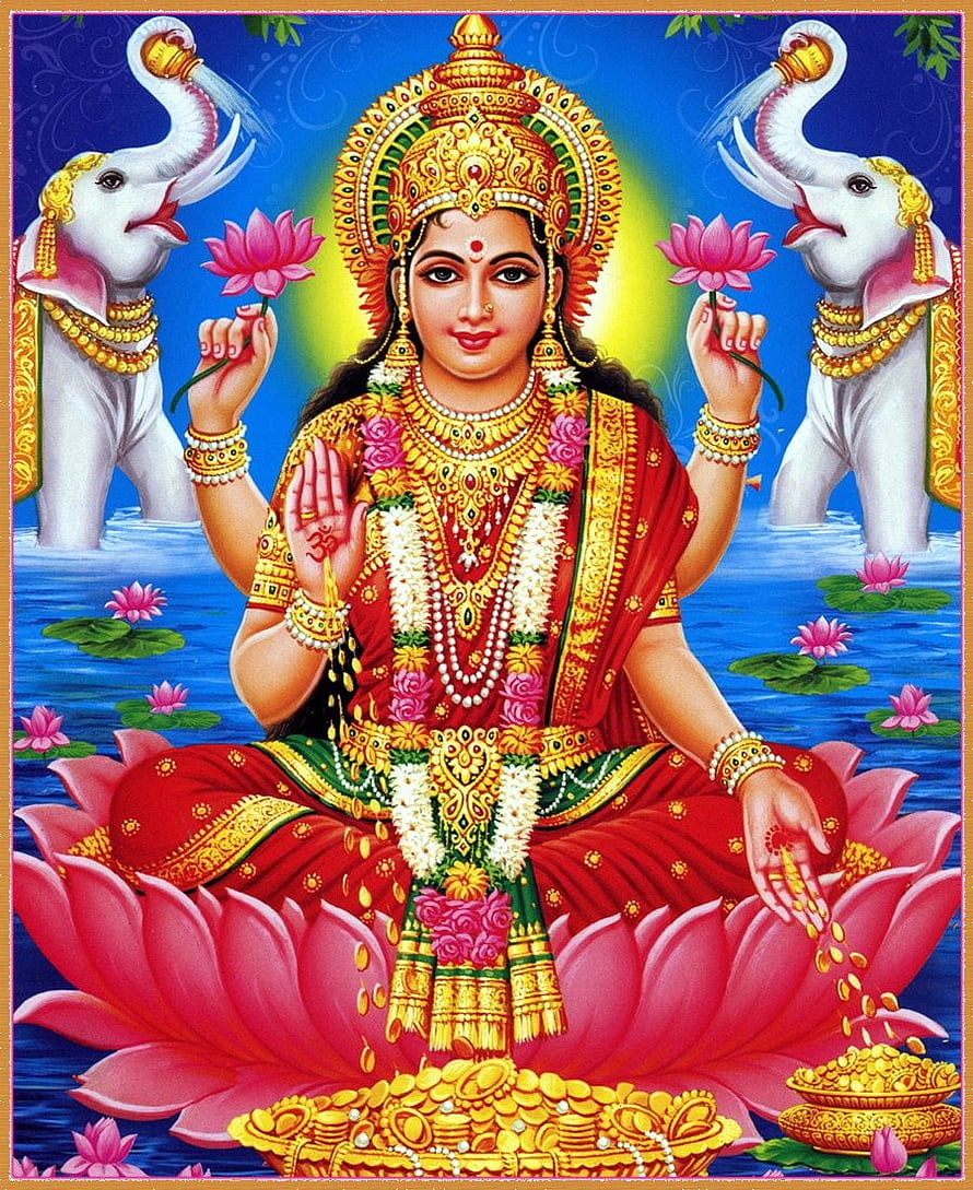 Goddess Lakshmi Seated on Lotus with Elephants and Gold Coins HD phone wallpaper
