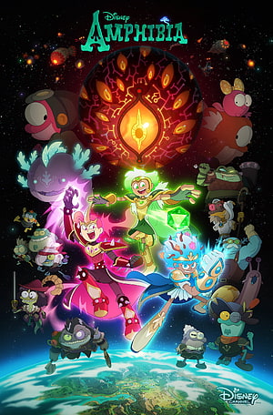 Disney Amphibia Final Season Poster Featuring Main Characters and Villains in Space HD phone wallpaper