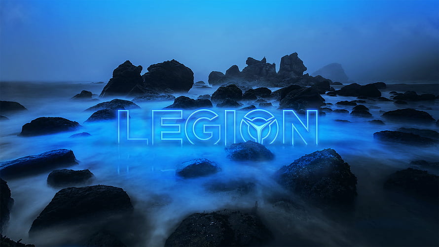 Legion Gaming Brand Neon Logo Over Misty Blue Rocky Coastline at Night HD wallpaper